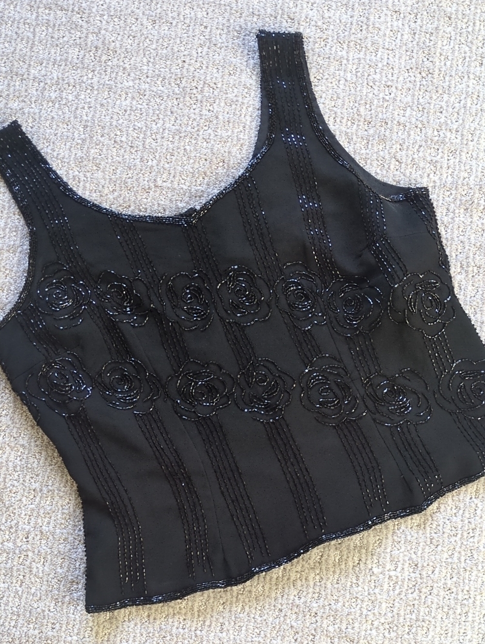 STUNNING Vtg Y2K Black Floral Beaded Lined Sleeveless Top, Size XL